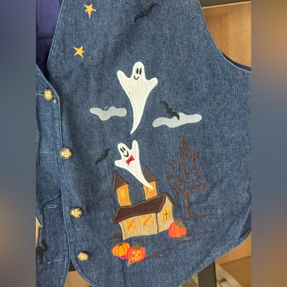 Vintage 90s Halloween vest denim chambray appliqué embroidered ghosts pumpkins - Picture 5 of 7